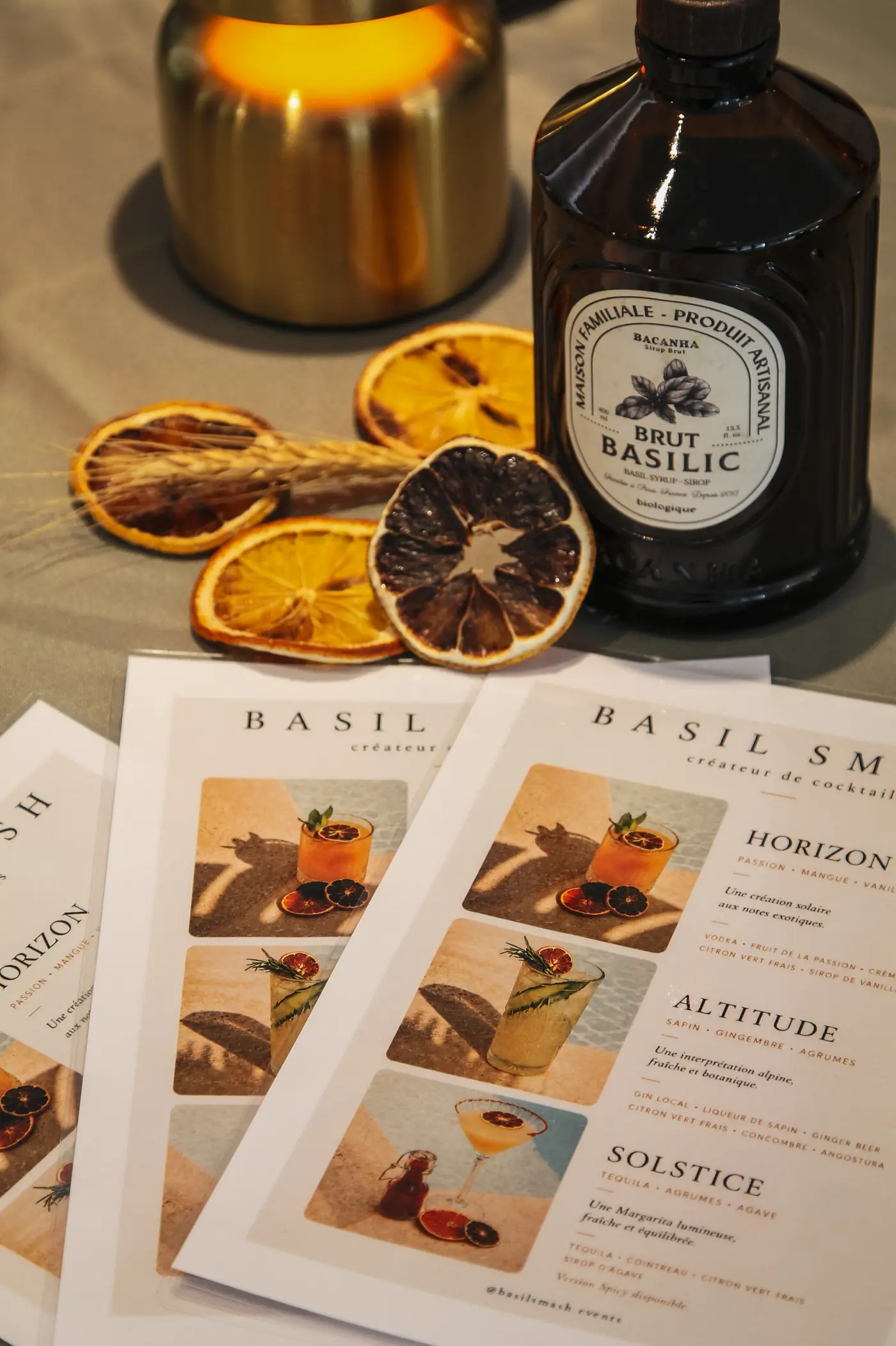 Carte des cocktails Basil Smash imprimée : Horizon, Altitude et Solstice